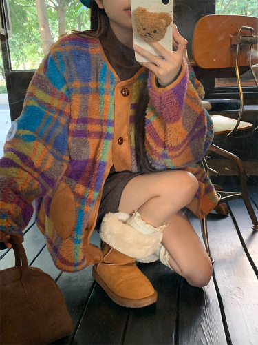 Actual shot of autumn and winter Korean chic colorful plaid lamb wool warm jacket