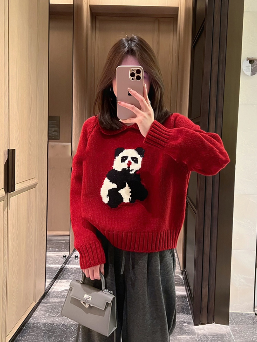過年聖誕紅色polo領小熊毛衣女秋冬新款慵懶風加厚翻領針織衫上衣