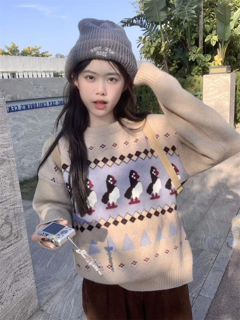 實拍 冬季韓系撞色提花寬鬆復古高級感企鵝圓領套頭加厚毛衣