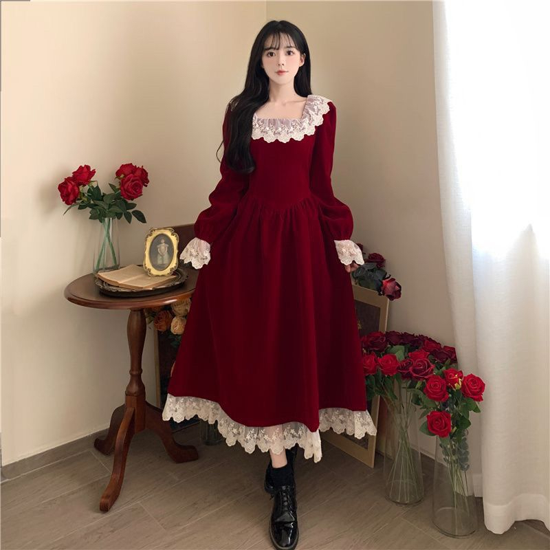 金絲絨面料大碼女裝法式拼接絲絨長裙春秋季氣質顯瘦禮服連衣裙