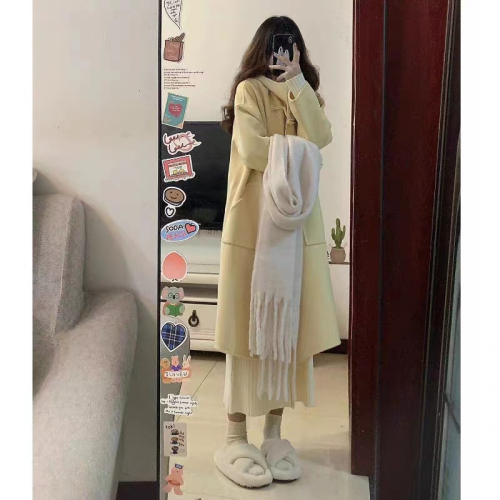 Horn button thickened woolen coat for women 2023 autumn and winter new style woolen coat Korean style small people are popular this year