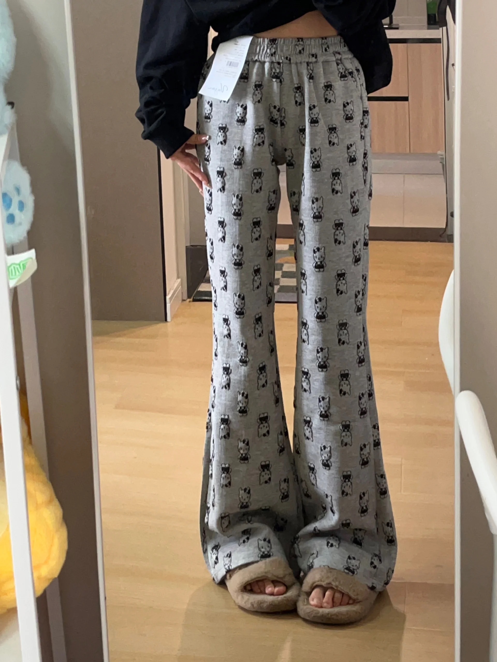 立體腰頭 提花布320克 厚款複合銀狐絨 貓咪微喇褲子女
