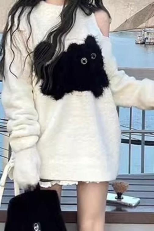 奶fufu露肩小貓毛衣女2023秋冬小眾設計感寬鬆慵懶風針織衫上衣潮