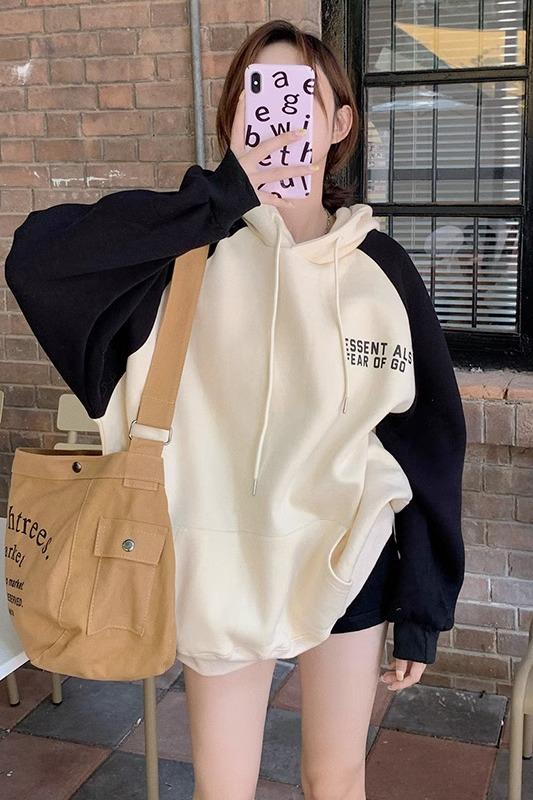 加絨款慵懶風字母拼接撞色連帽衛衣女寬鬆韓版中長款大碼上衣
