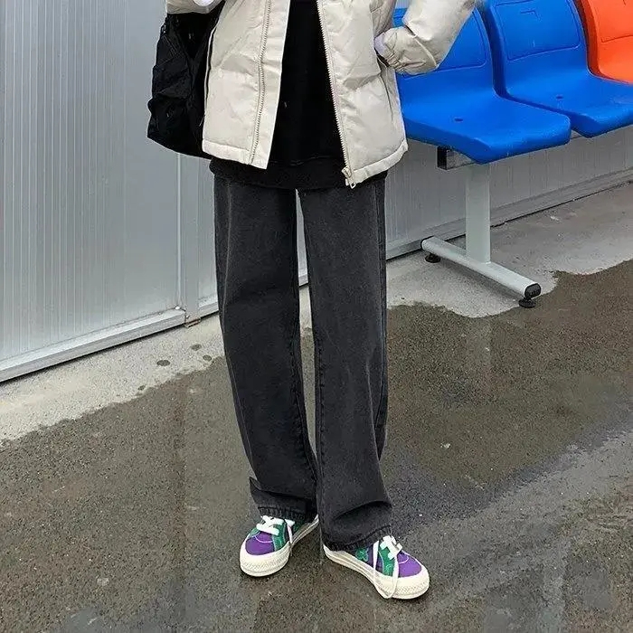 闊腿牛仔褲女高腰顯瘦百搭春秋季新款煙灰色韓版寬鬆垂感直筒褲子
