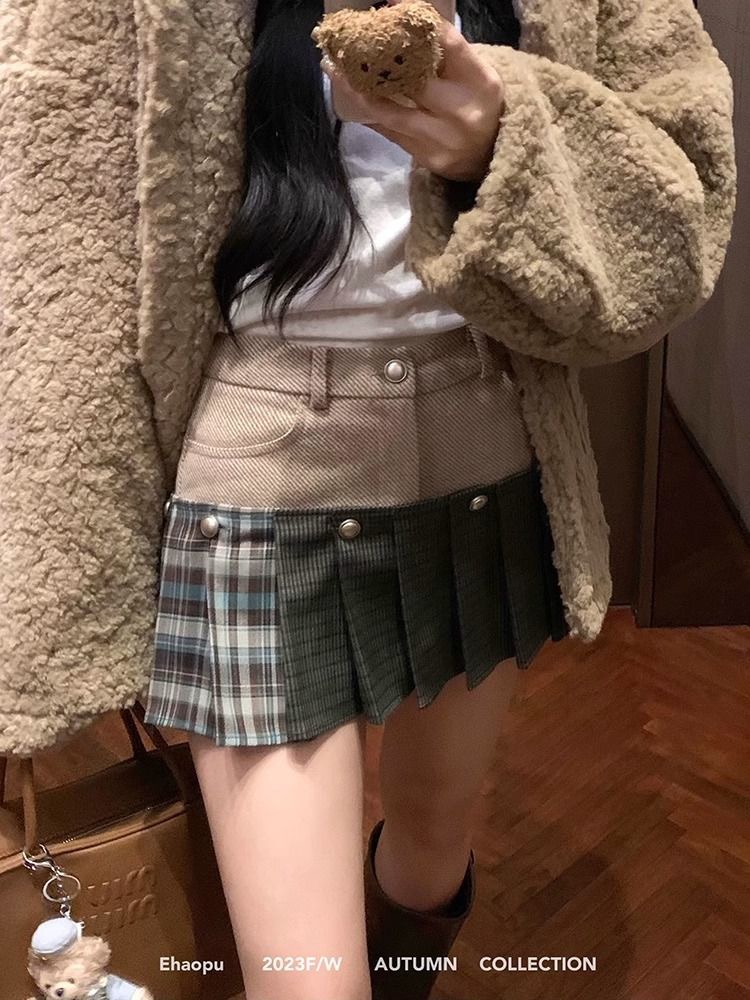Pleated skirt women's autumn Korean version 2023 new high-waist slimming plaid splicing design two-wear A-line skirt