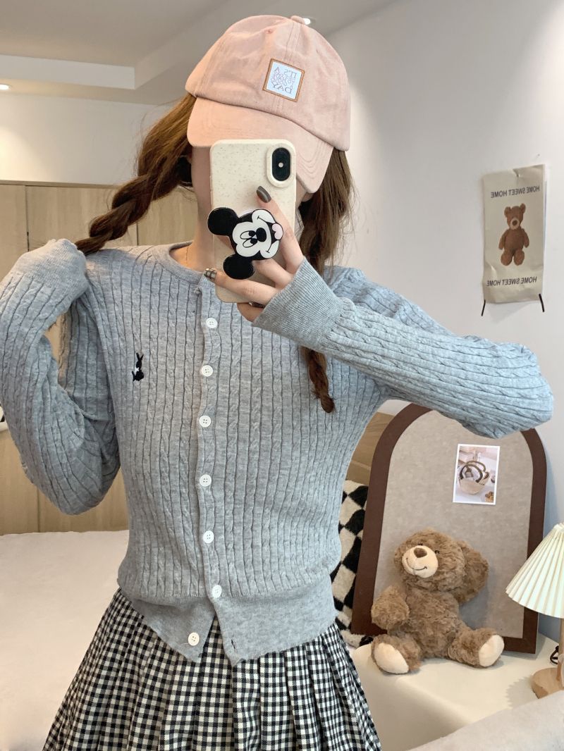 實拍 修身顯瘦麻花針織衫女小個子刺繡外套休閒開衫長袖上衣