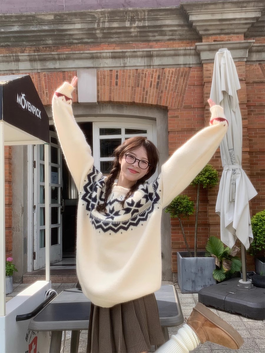 北歐風費爾島毛衣女秋冬2023新款設計感小眾慵懶寬鬆毛針織衫