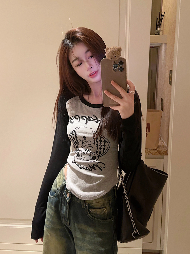 實拍~印花修身顯瘦百搭牛角長袖T恤衫春秋