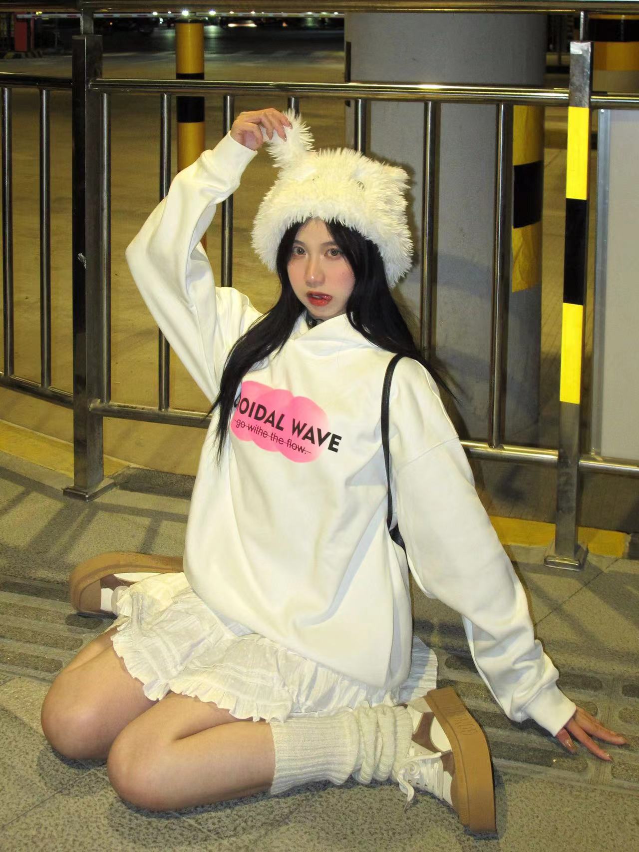 白色連帽衛衣女oversize冬季國潮美式字母印花寬鬆長袖加絨上衣潮