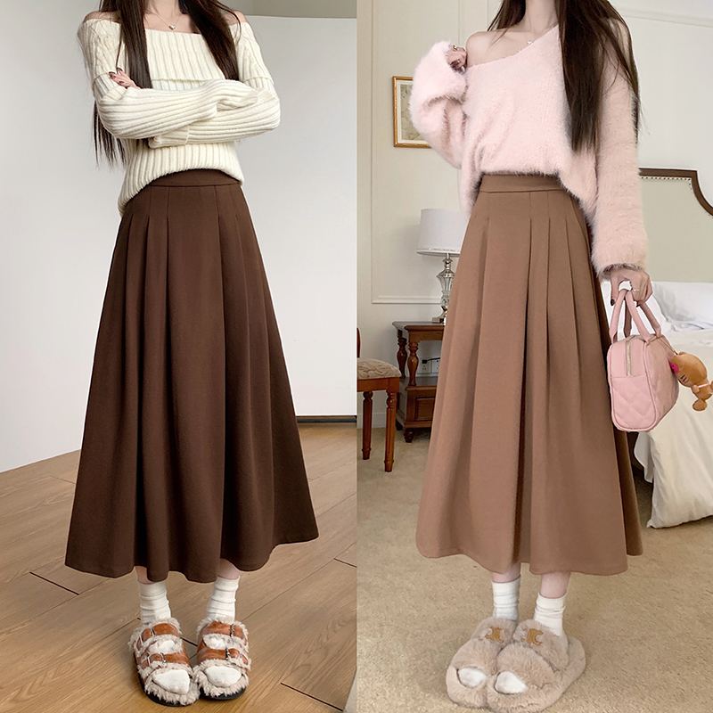 Real shot 2023 winter new retro woolen pleated skirt women's high waist slimming A-line long skirt