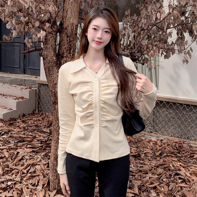 Large size fat MM retro lapel right shoulder waist long sleeve top 2023 autumn and winter new fashion versatile T-shirt for women