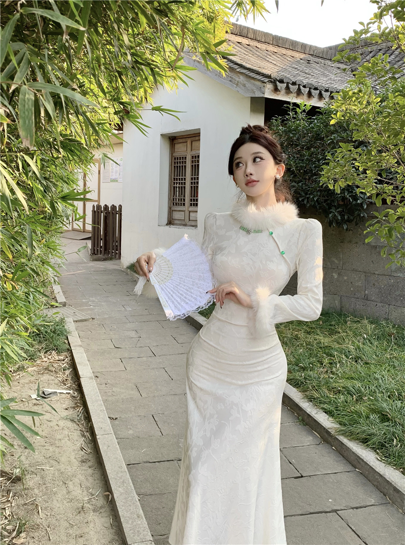 實拍旗新中式國風復古連衣裙高級感溫柔氣質收腰毛領改良旗袍裙子