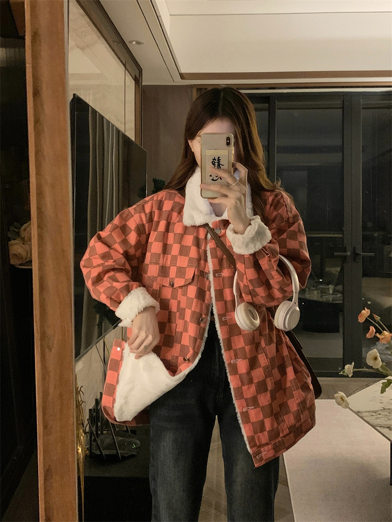 實拍棋盤格子牛仔棉衣外套女秋冬季新款復古寬鬆加絨加厚棉服棉襖
