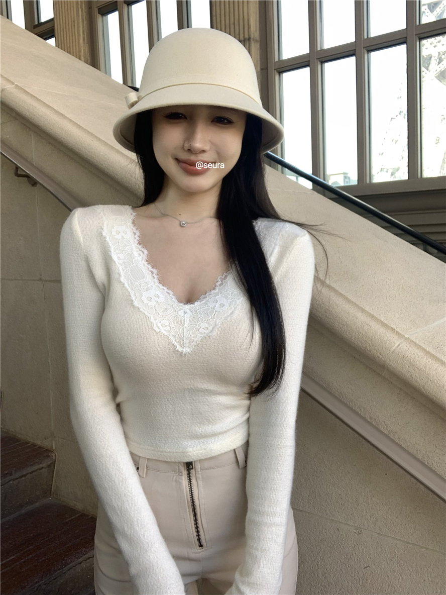 實拍 v領低領 加厚花邊打底上衣