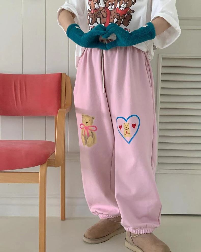 加厚加絨秋冬~韓國ins可愛卡通印花小熊蝴蝶結運動褲長褲衛褲女