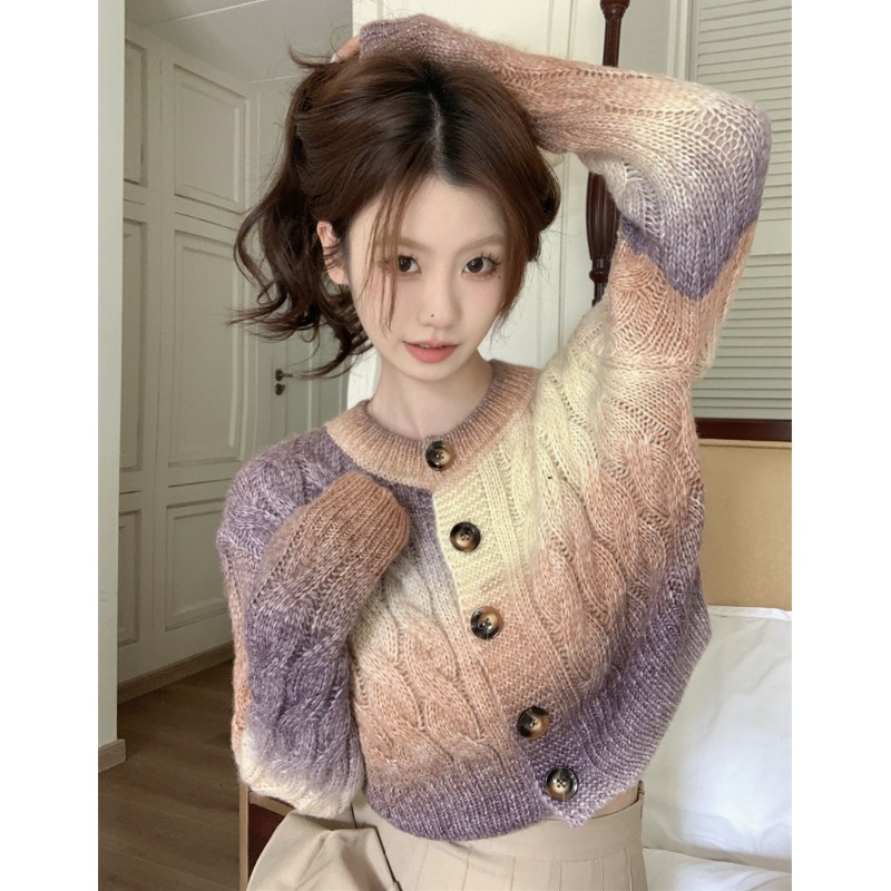 彩虹漸變色麻花圓領毛衣外套開衫女小個子短款長袖針織上衣秋冬季