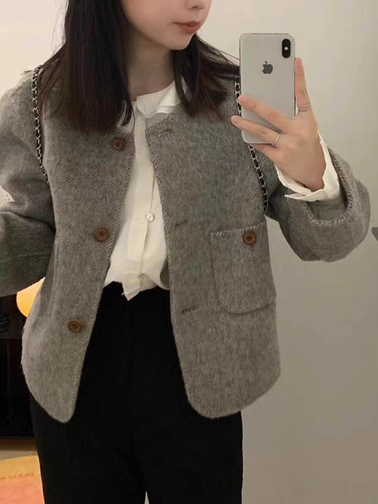 Silk velvet + lining French gray college Hepburn small fragrance style woolen short style high-end small person woolen cloth