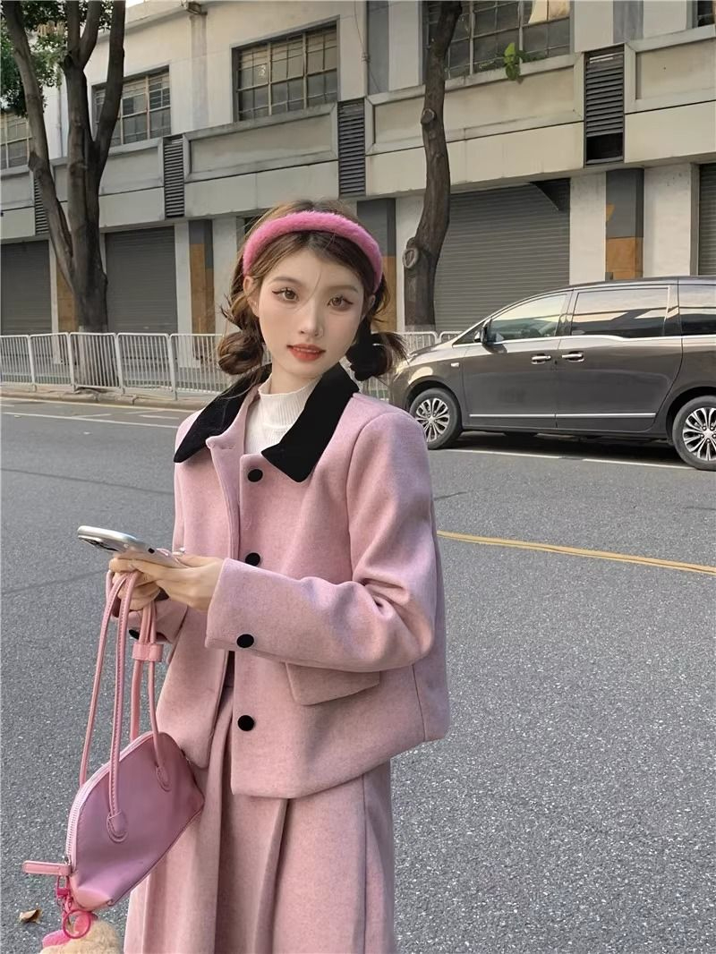 polo領甜美法式設計感長袖毛呢外套高腰半身裙女秋冬2023新款套裝