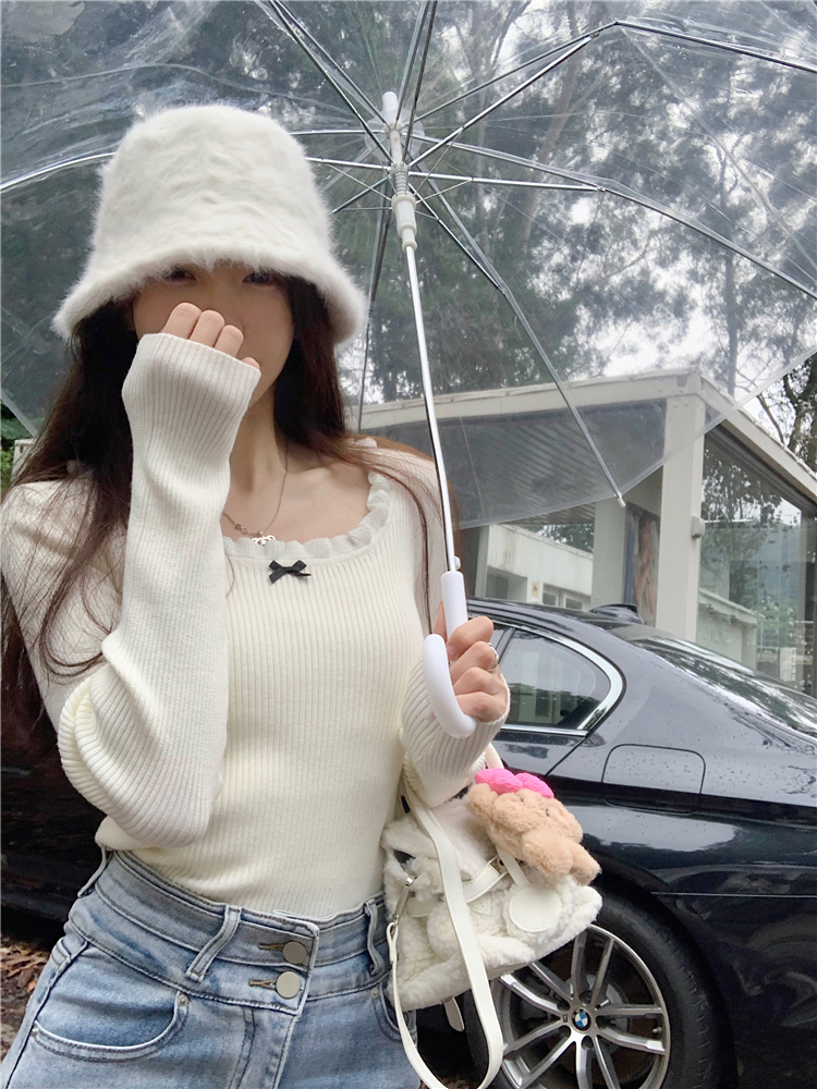 實拍~亮絲花邊領蝴蝶結毛衣打底衫女冬季內搭