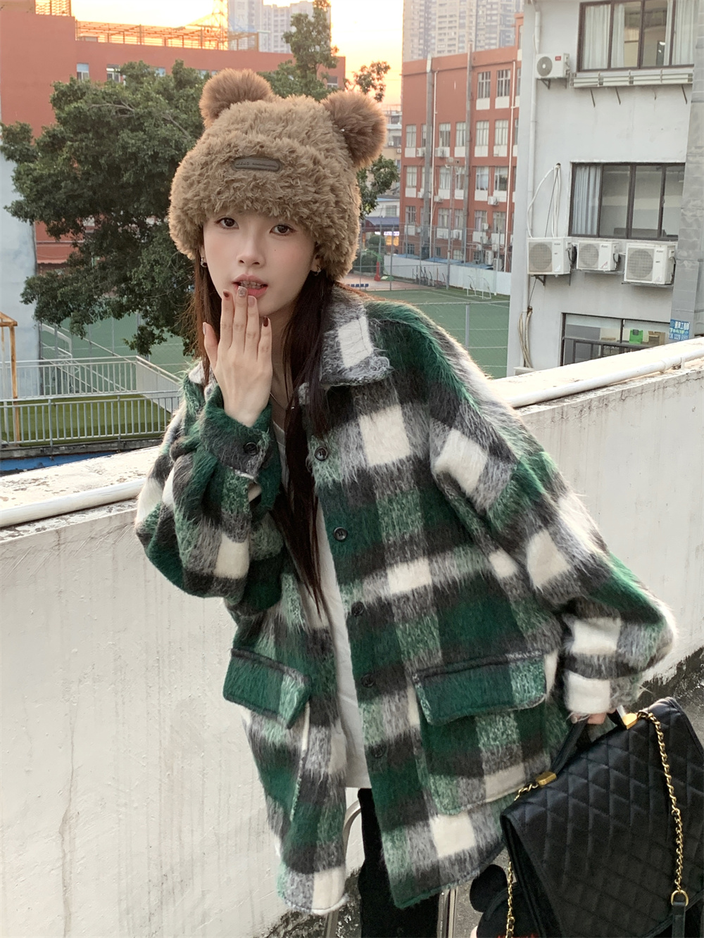 Actual shot ~ Retro green plaid lazy loose casual jacket thickened woolen shirt top jacket