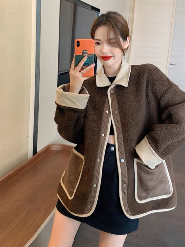 Teddy Composite Beibei Velvet Lapel Contrast Color Stitching Thickened Jacket Women's New Fashion Versatile Warm Jacket