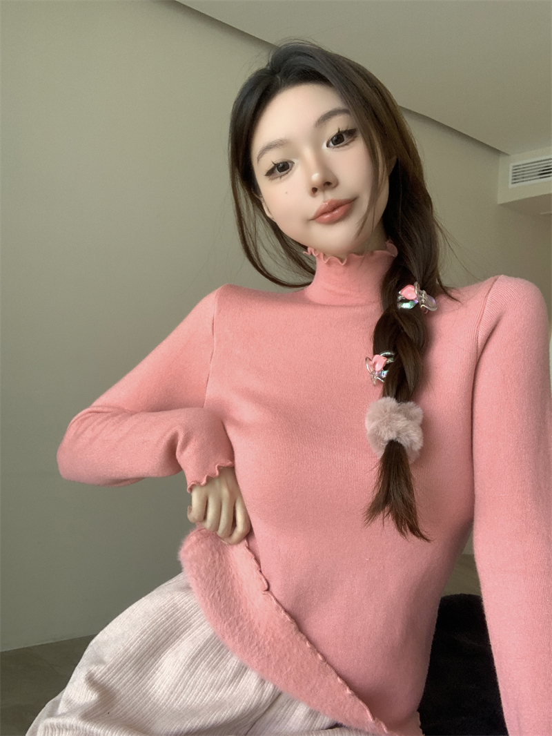 實拍 冬季木耳邊一體水貂絨半高領百搭顯瘦加絨加厚打底上衣