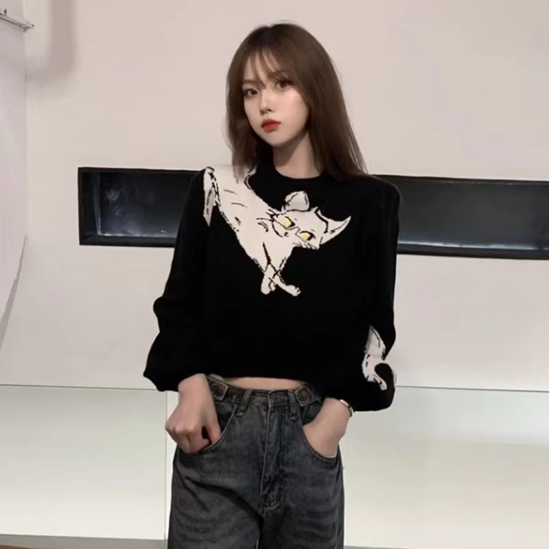 韓版代購黑色毛衣短款女套頭高腰港味小個子港風復古chic外穿貓咪