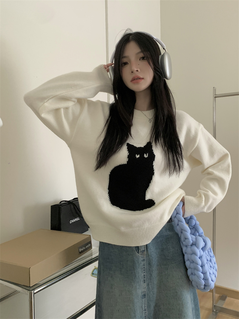 實拍#韓版百搭卡通圖案長袖圓領毛衣