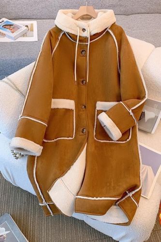 Suede hooded fur lamb fur one-piece coat for women winter 2023 autumn and winter high-end cotton coat