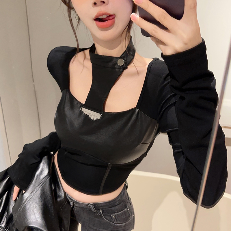 實拍！美式辣妹T恤打底衫性感鏤空掛脖拼接假兩件上衣女2361