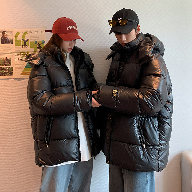 Real shot of black gold down jacket women's oversize cotton coat 2023 winter new loose and thickened couple's cotton coat