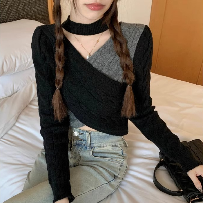 高級感黑灰撞色麻花毛衣女秋冬設計感短款小個子辣妹純欲針織上衣