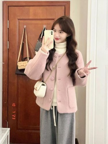 Korean simple casual versatile pink jacket  autumn and winter new style lazy style gentle temperament niche tops for women