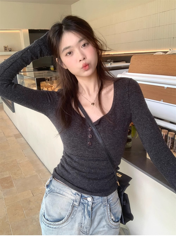 官圖 高彈羅紋德絨 純欲辣妹長袖T恤秋冬修身打底衫女內搭上衣