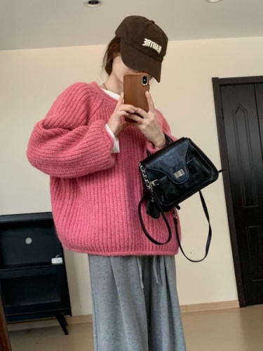 Lazy style curly edge thick wool sweater 2023 autumn and winter new style women's loose and slim Korean style round neck top sweater