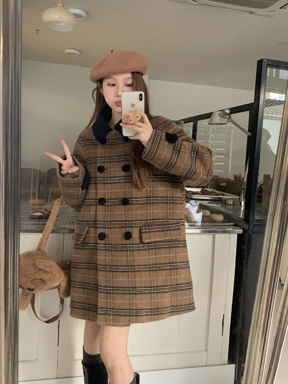 Actual shot of three standard high-end tartan quilted doll collar woolen coats