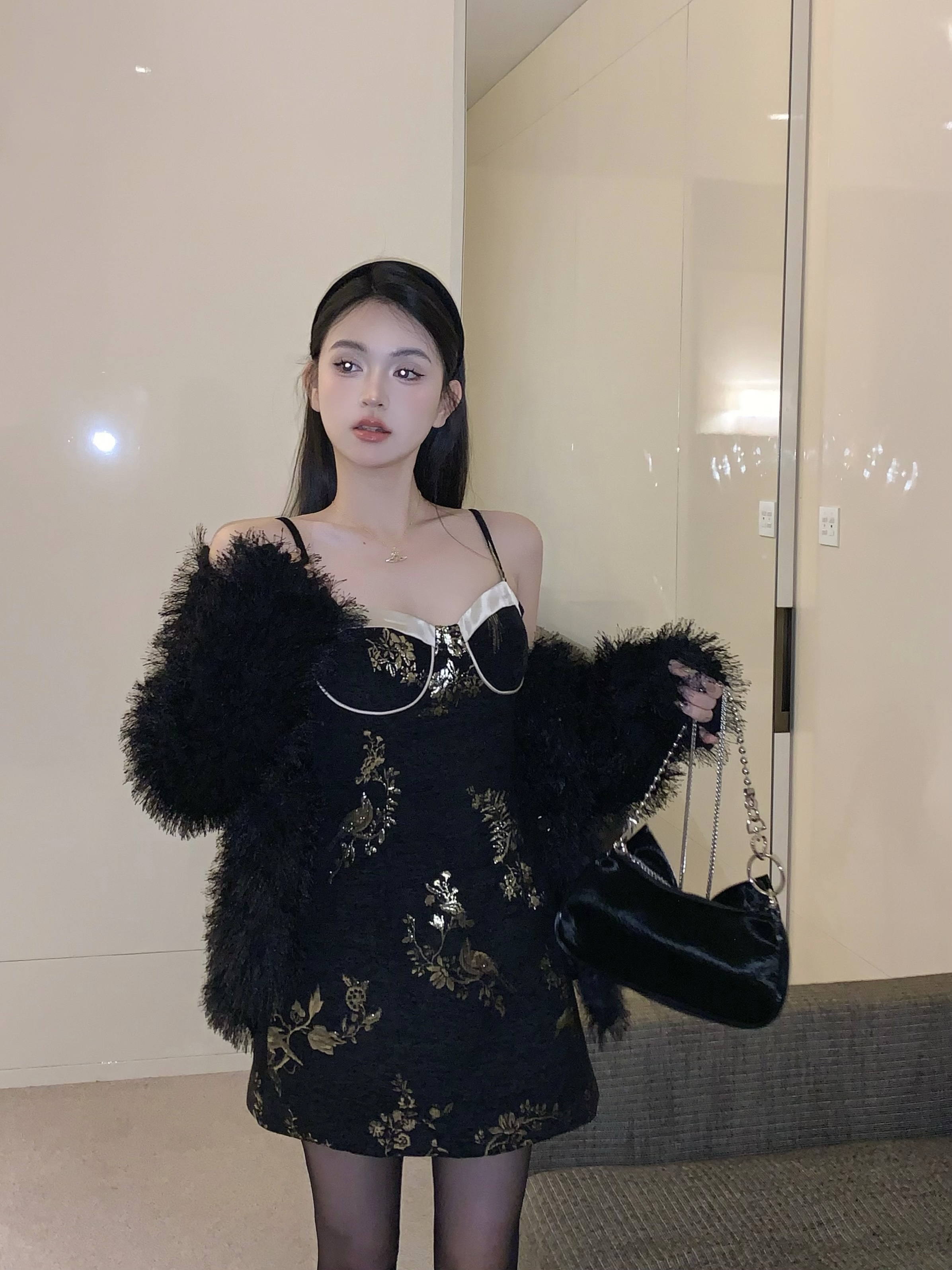 實拍 復古小黑裙金絲提花修身顯瘦短款聚會生日小禮裙兩件套