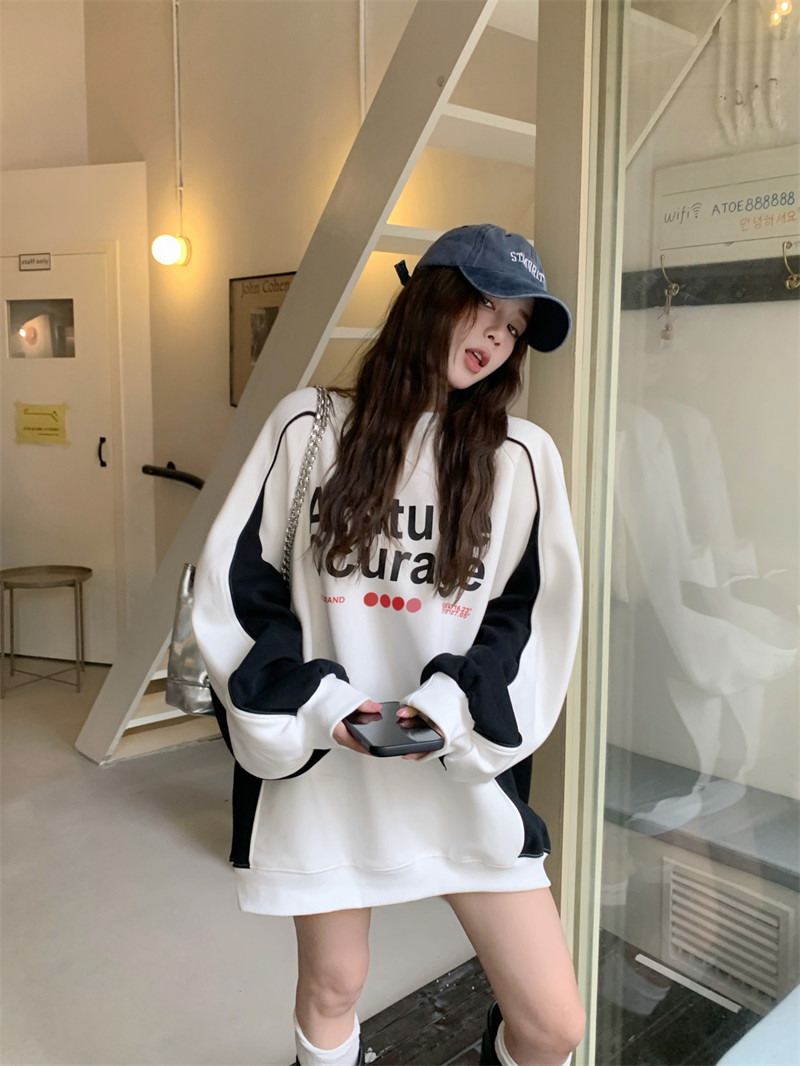 實拍 美式復古插肩衛衣女oversize撞色拼接圓領長袖寬鬆上衣潮入