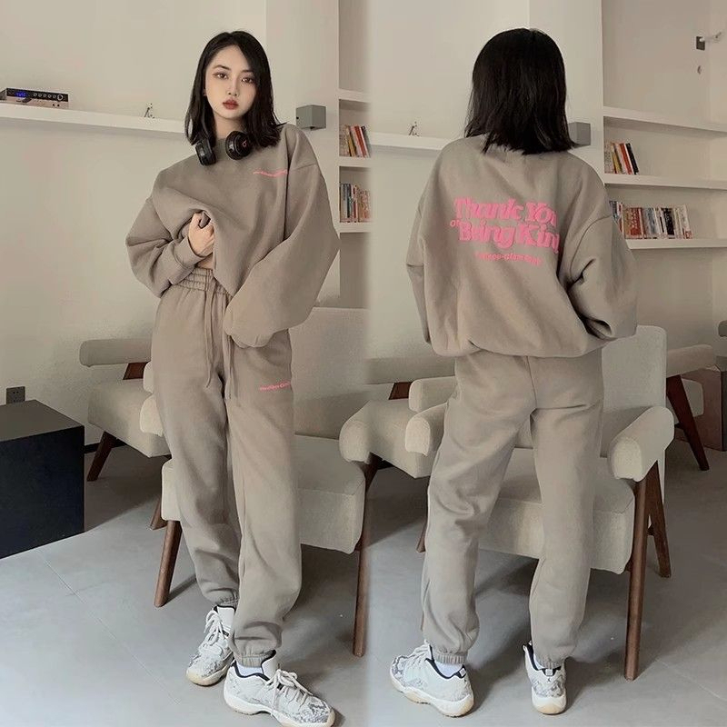 發泡印花初秋季女式運動裝衛衣學生寬鬆時尚跑步服休閒兩件套裝