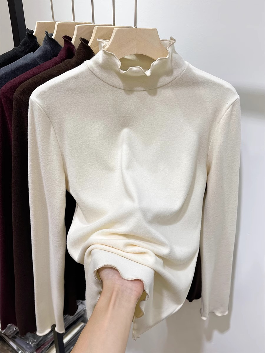Double-sided German velvet half turtleneck fungus edge bottoming shirt for women long-sleeved autumn and winter 2023 new style inner warm top