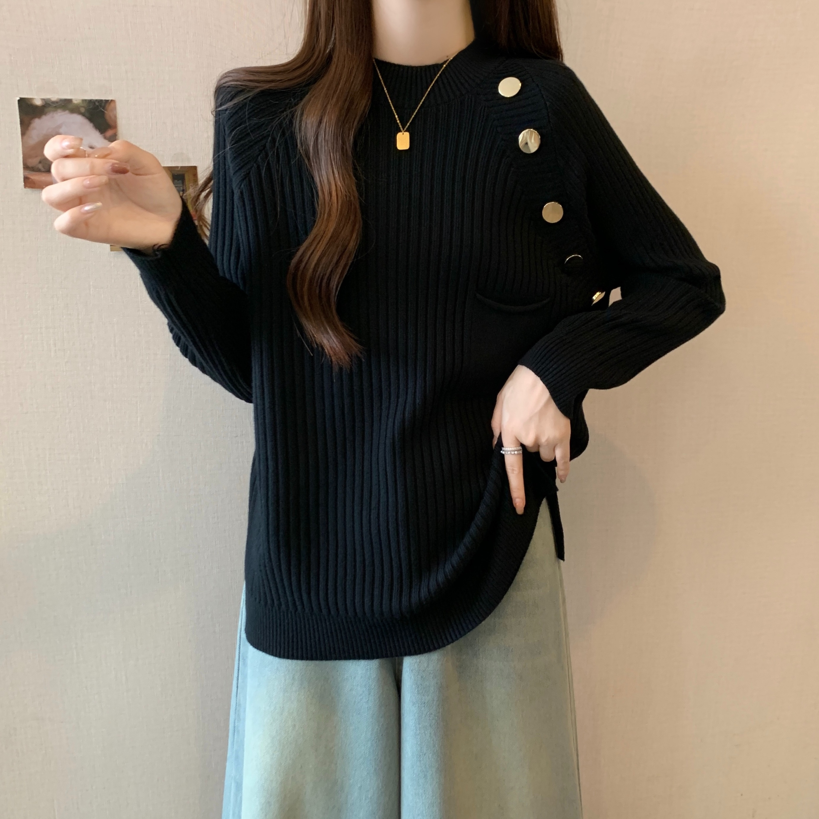 2023早秋冬新款大碼女裝顯瘦遮肚上衣毛衣胖mm歐貨內搭打底針織衫