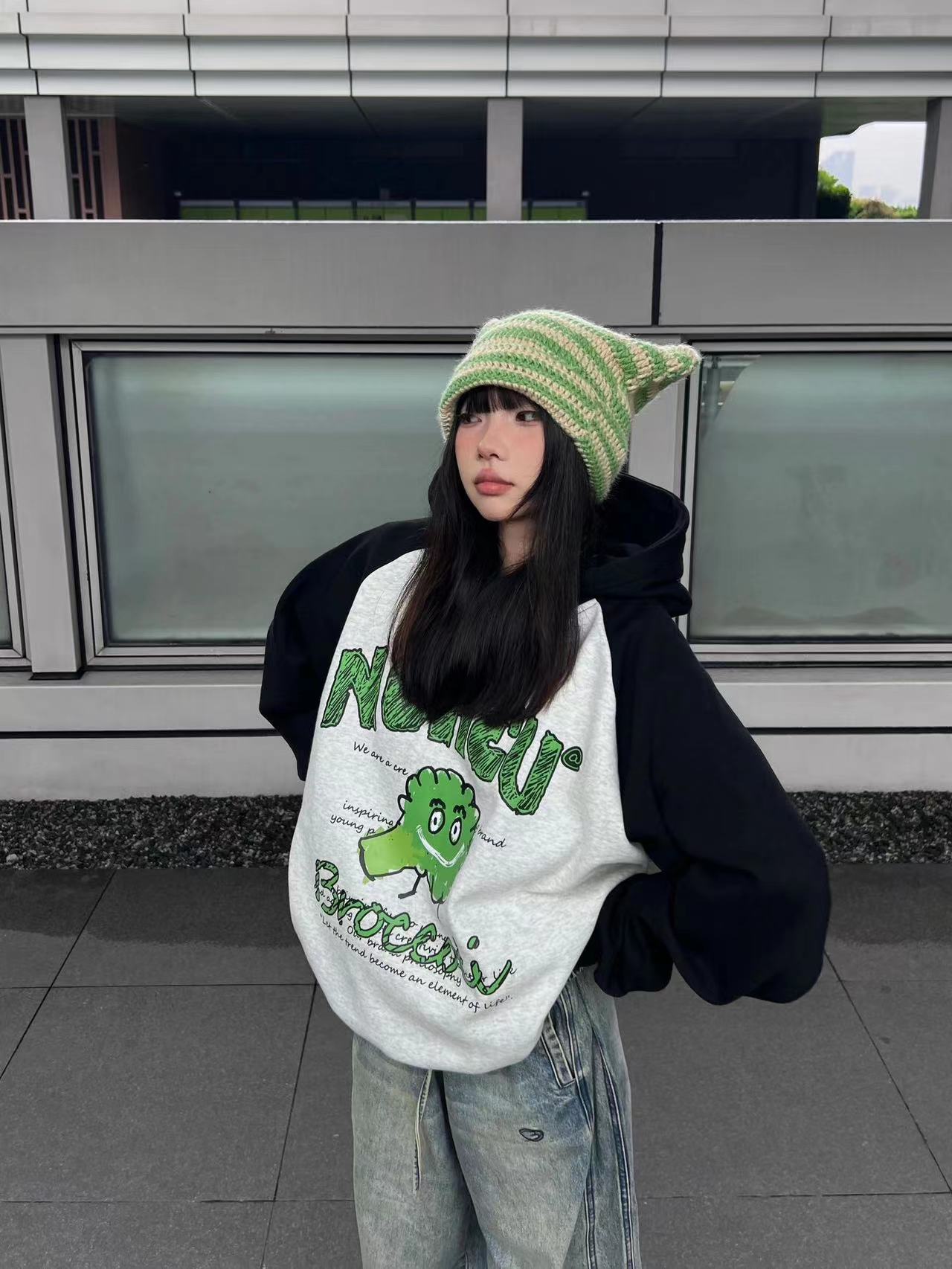 Pure cotton with silver fox velvet American trendy brand high-end design fun cartoon print patchwork color hooded sweatshirt