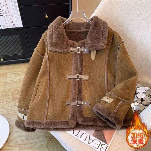 2023 new high-end lamb plush short coat women's autumn and winter fur integrated thickened and velvet motorcycle cotton jacket