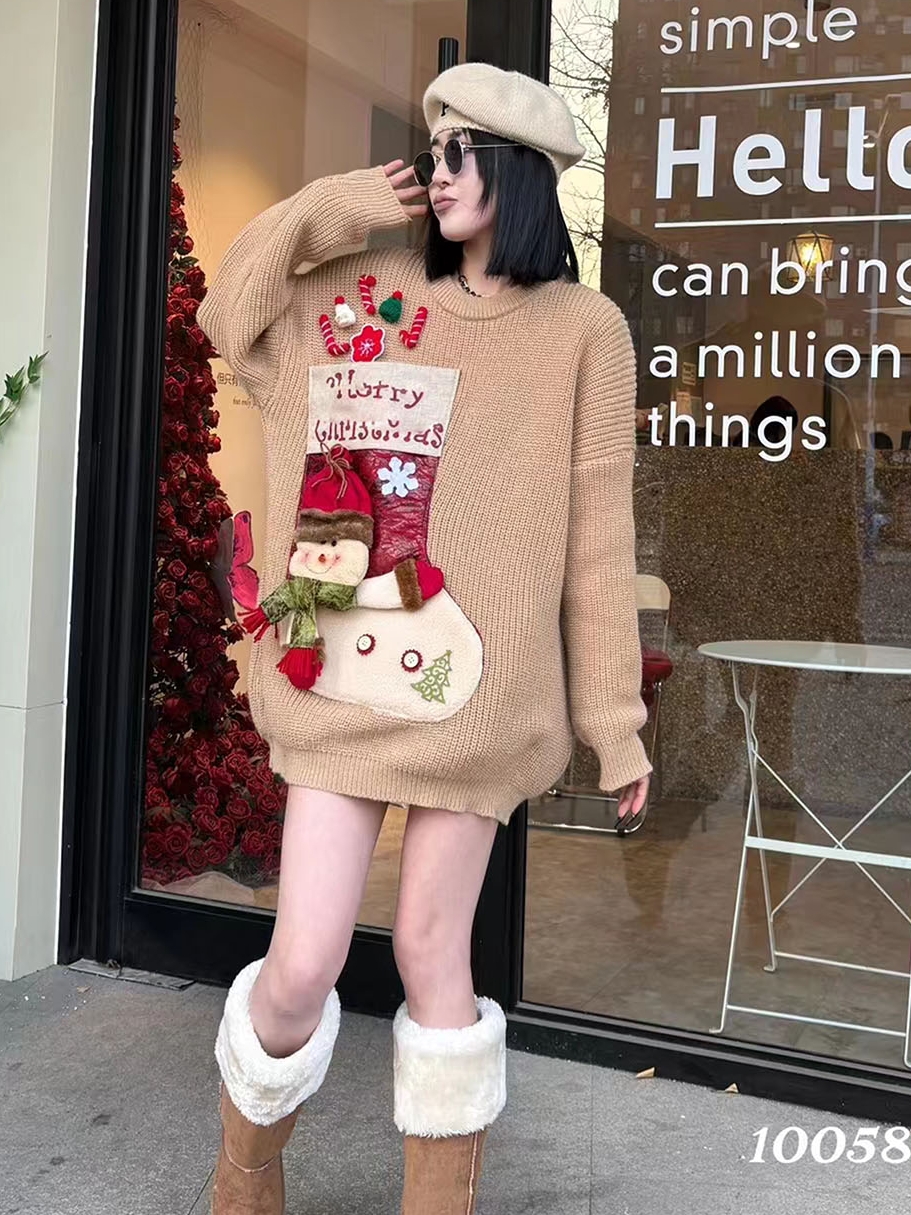 新款冬季胖妹妹長袖毛衣外套大碼女裝紅色春秋圓領卡通針織打底衫