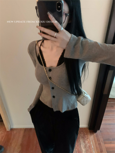 Real shot of fake two-piece lace suspender long-sleeved T-shirt for women in autumn and winter, sexy slimming bottoming shirt