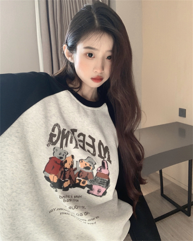插肩袖長袖衛衣女早秋2023新款時尚百搭字母印花薄款拼色套頭上衣