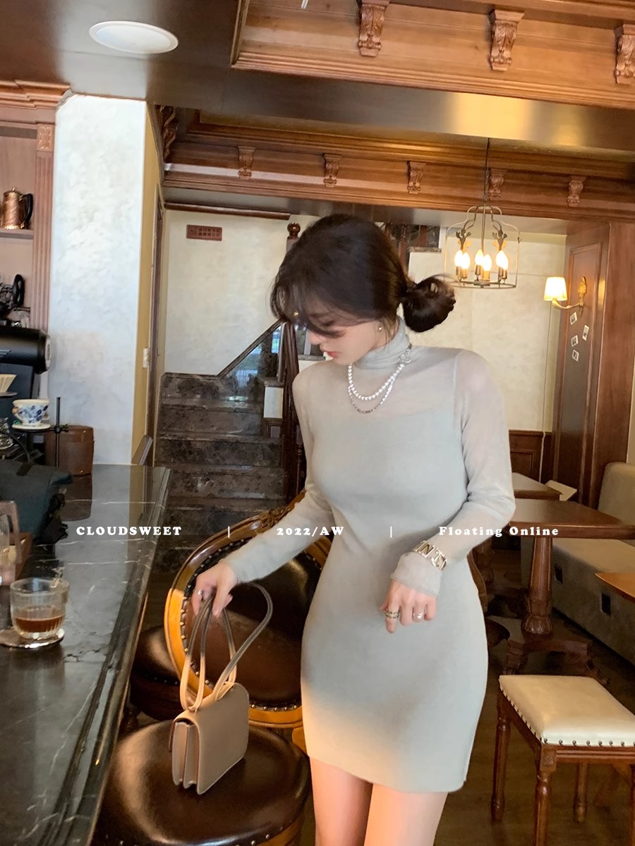 CloudSweet白雲甜 換日線_微透針織連衣裙女秋冬內搭打底收腰短裙