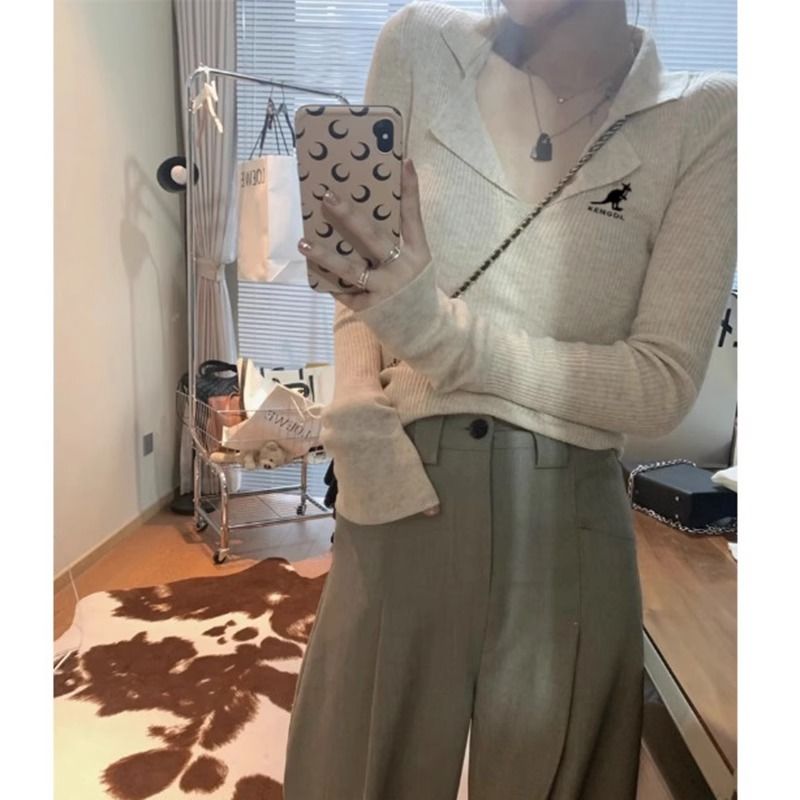 秋季修身顯瘦女針織衫打底衫長袖t恤內搭純色甜美翻領上衣包芯紗
