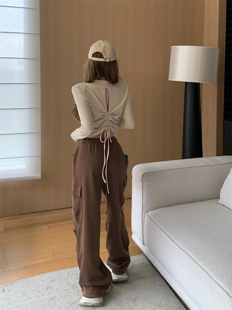 實拍 後背心機設計百搭打底衫+運動卡其工裝衛褲休閒套裝女